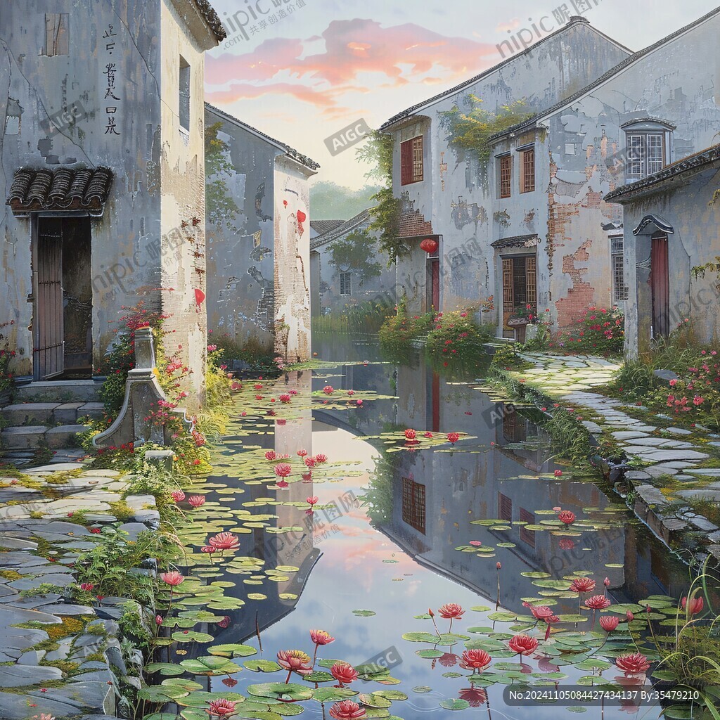 江南古镇油画效果