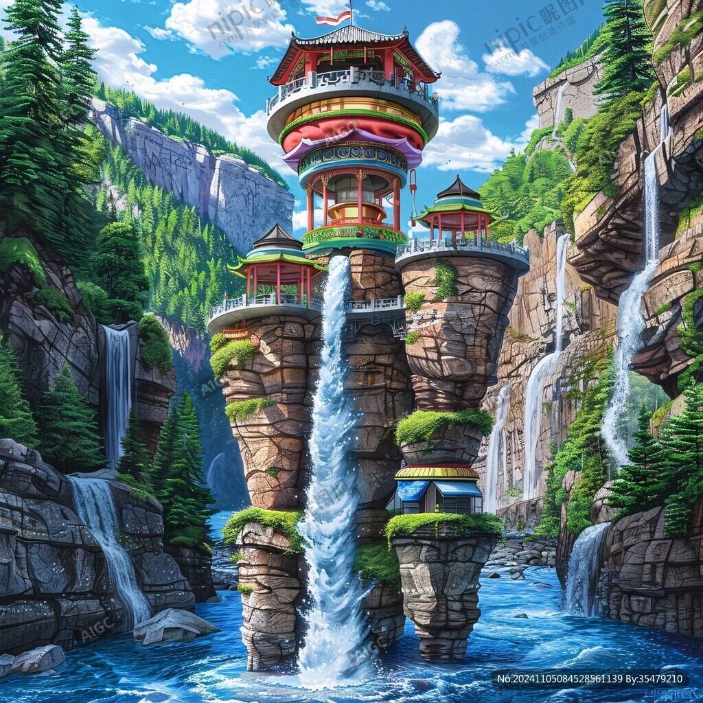 亭台楼阁流水瀑布