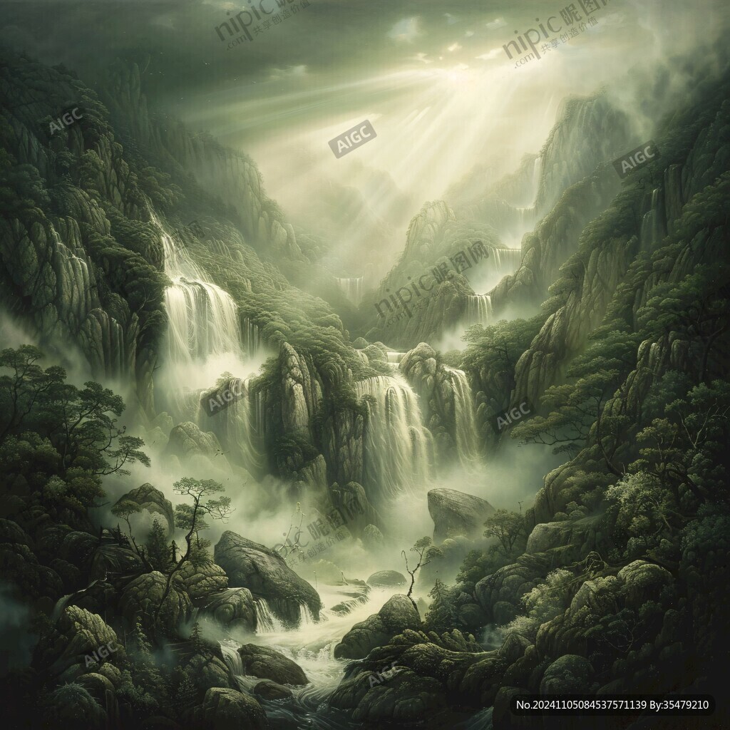 山水风景油画瀑布