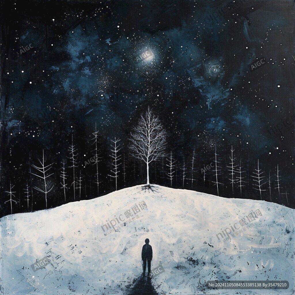 手绘雪夜风景无框画