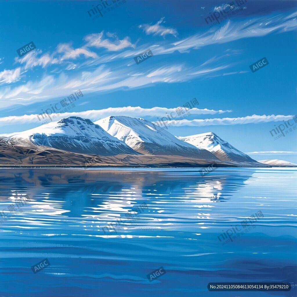 湖泊倒影雪山蓝天白云