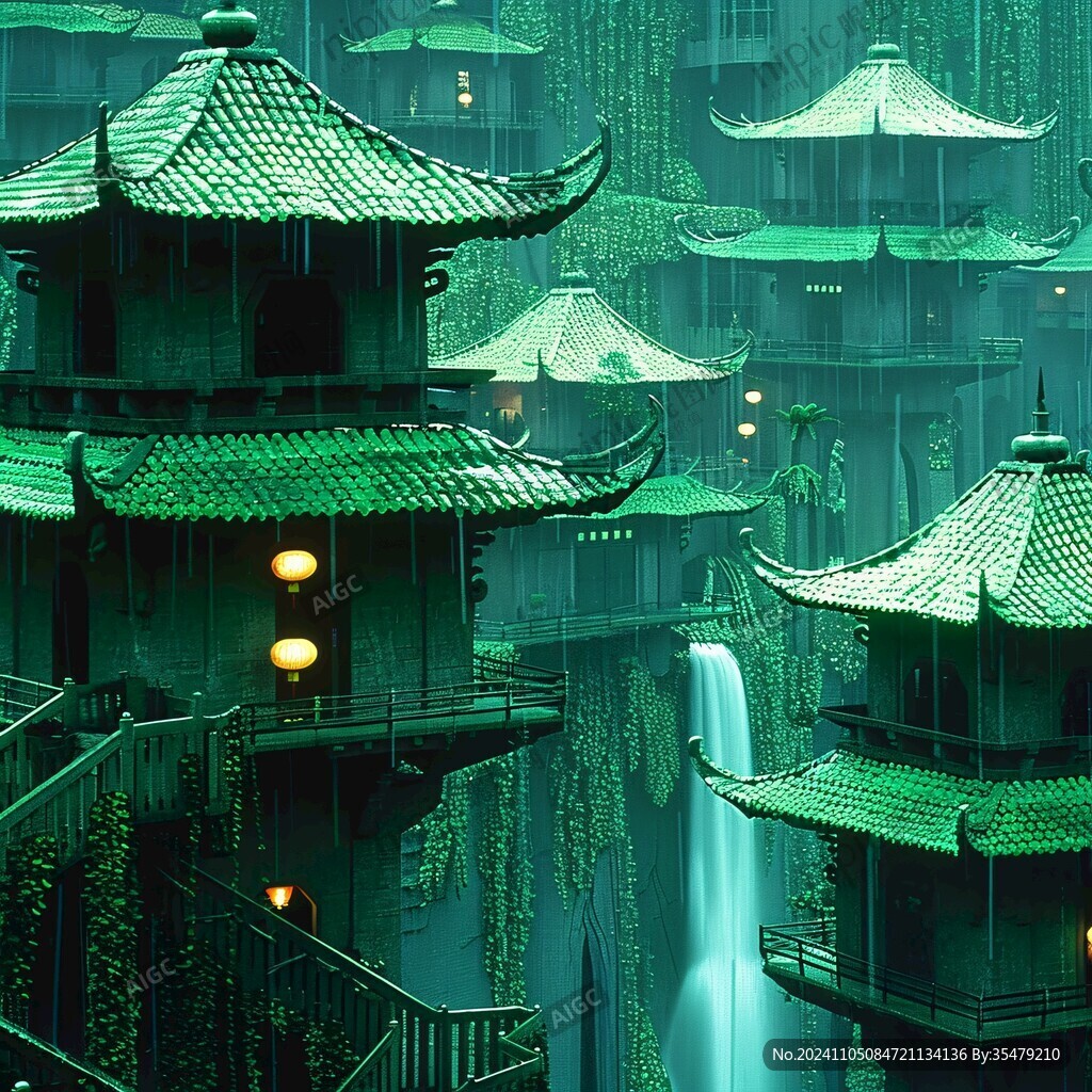 中式古代建筑雨景
