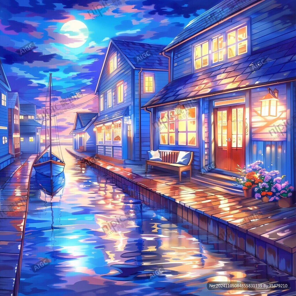 插画夜景湖泊