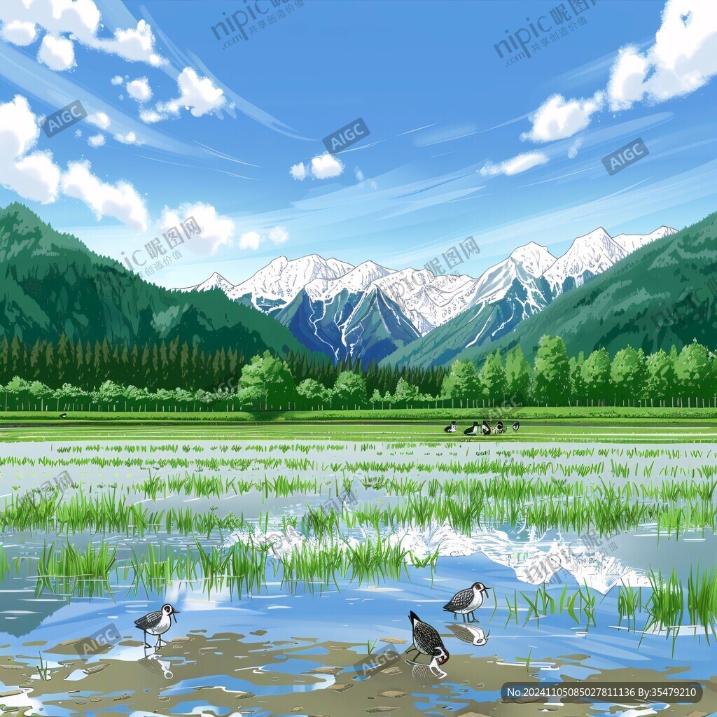 手绘草原草雪山