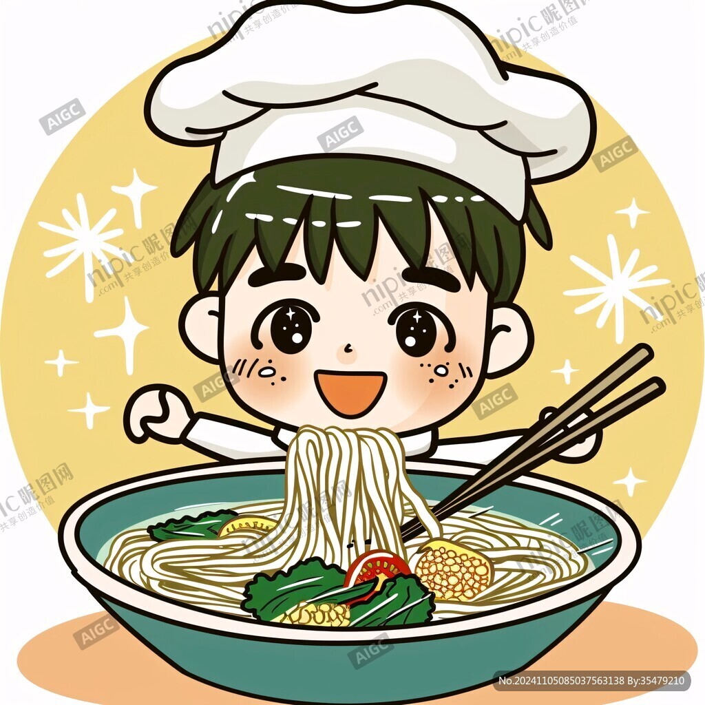卡通男孩面食米线插画