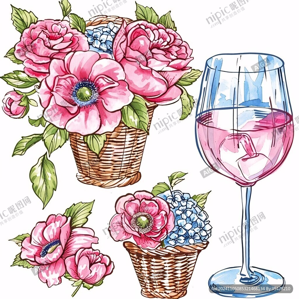 玫红手绘花艺素材