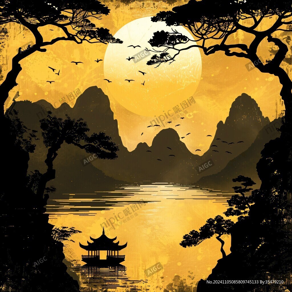 古典古风复古金色山水