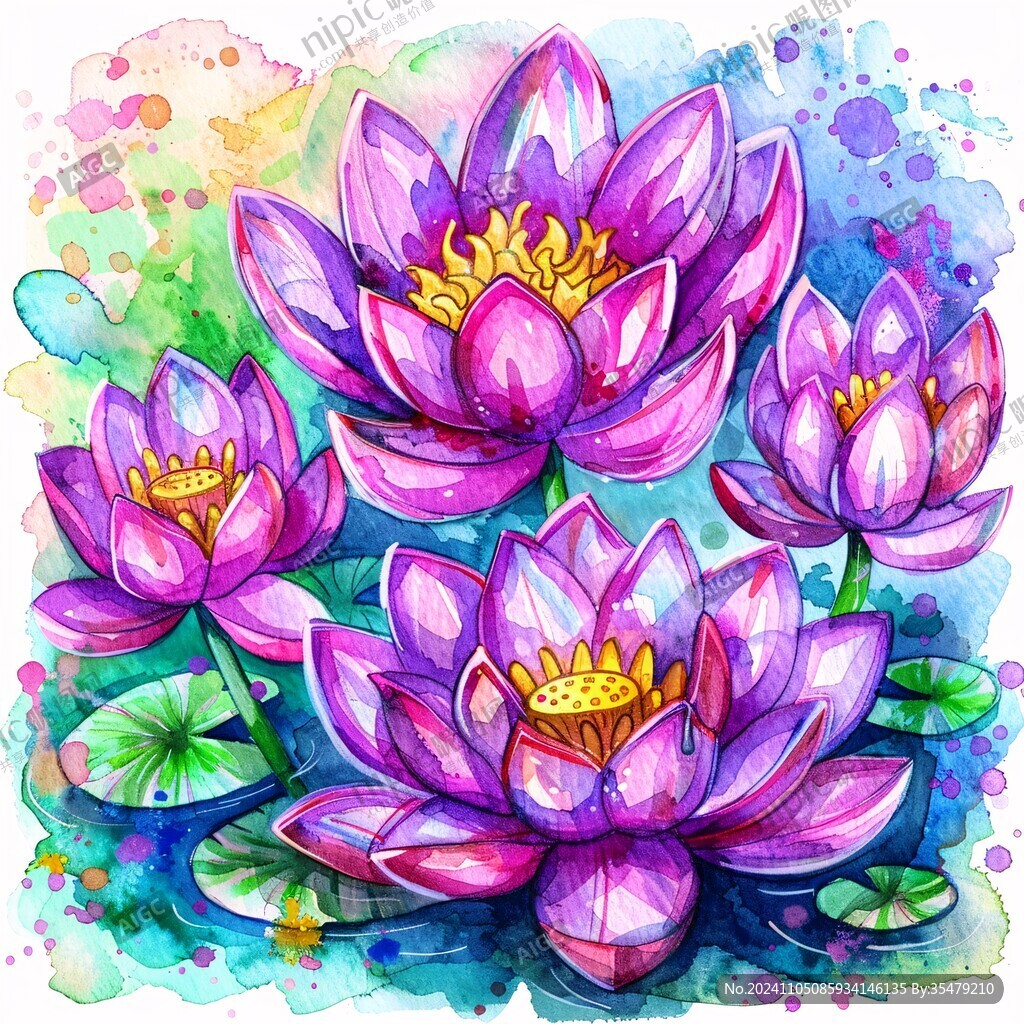 水彩风紫色睡莲