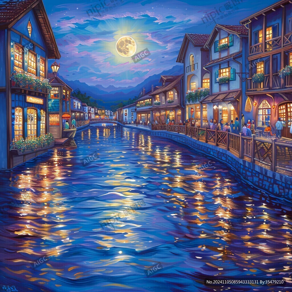 插画夜景湖泊