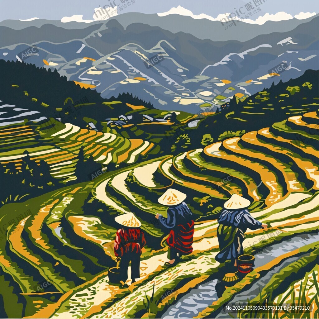 梯田水稻插画