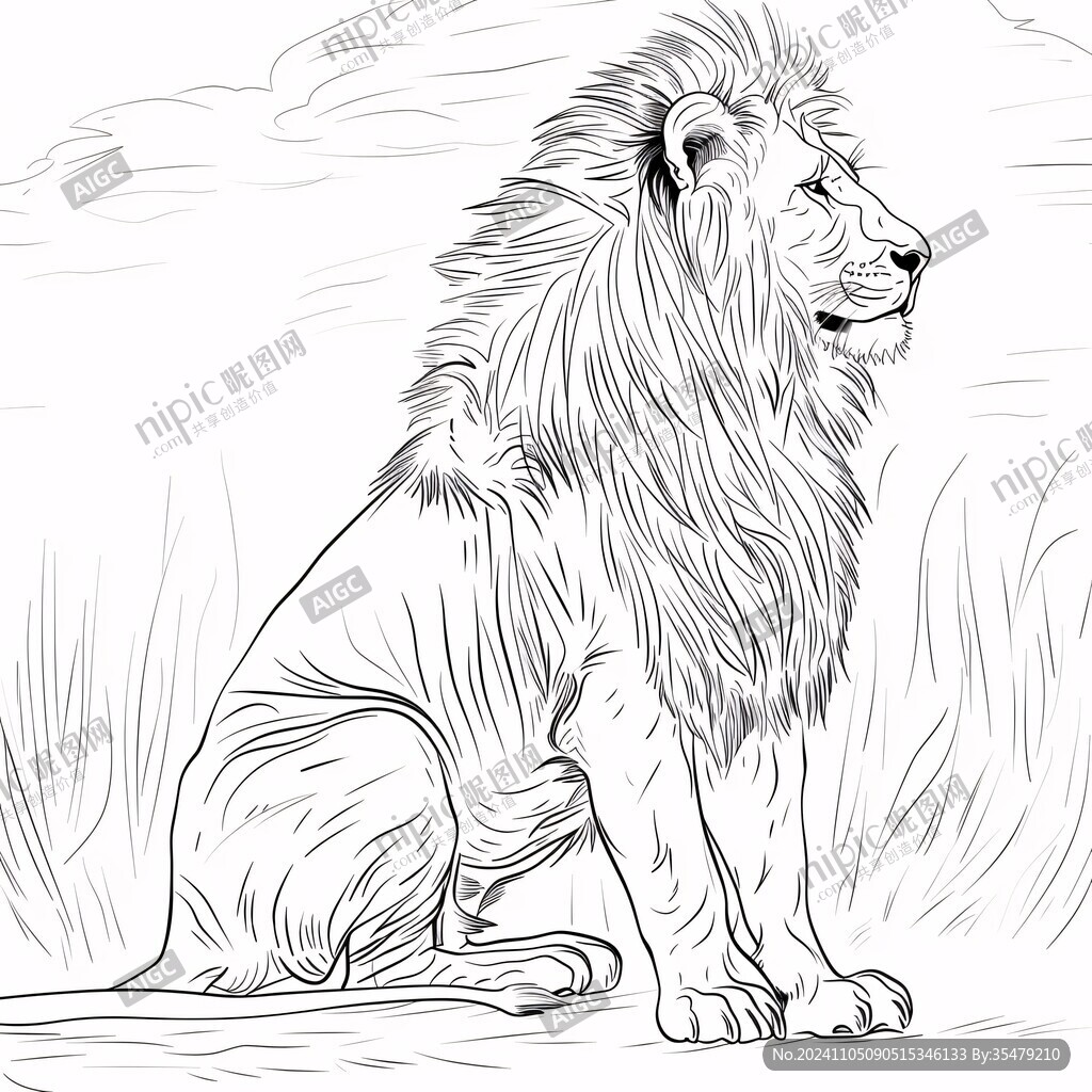 黑白线条画狮子