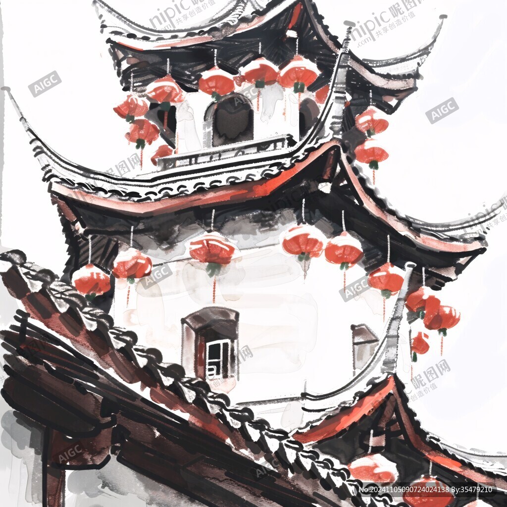 华侨禅风水彩建筑插画