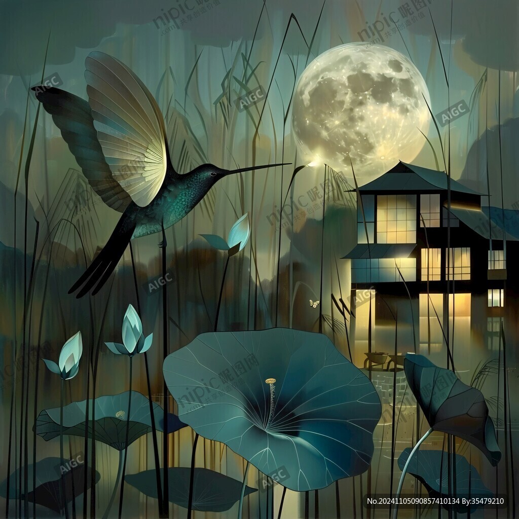 插画夜景湖泊