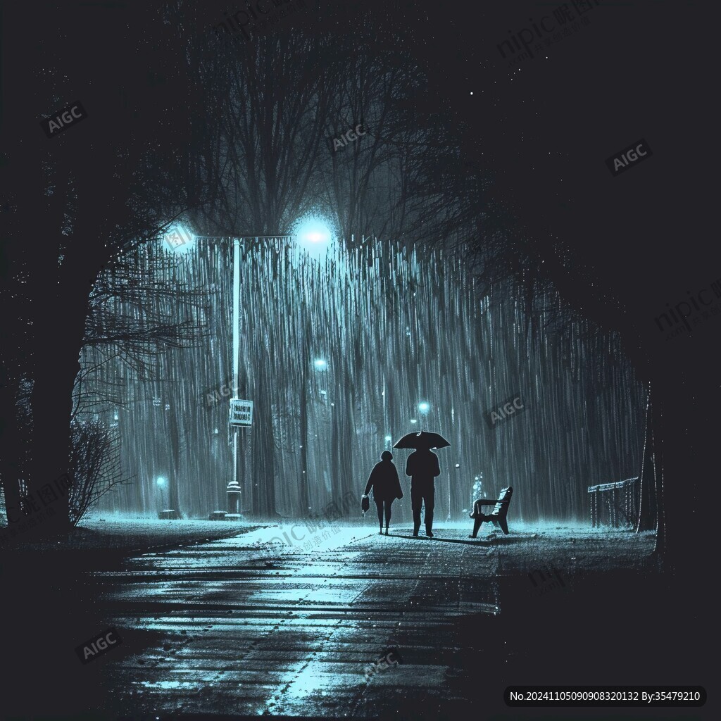 夜晚雨中行走的人