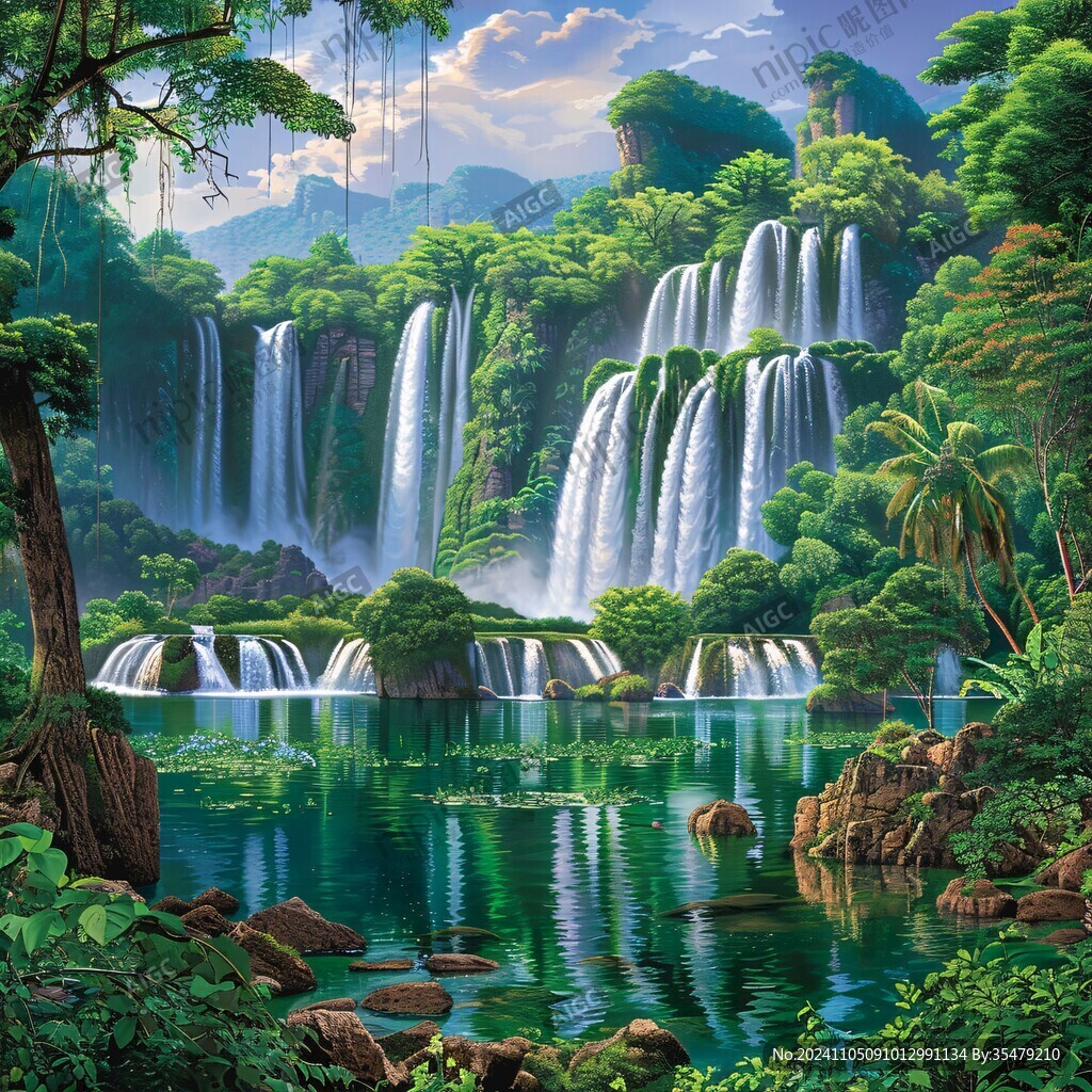 山水风景油画瀑布