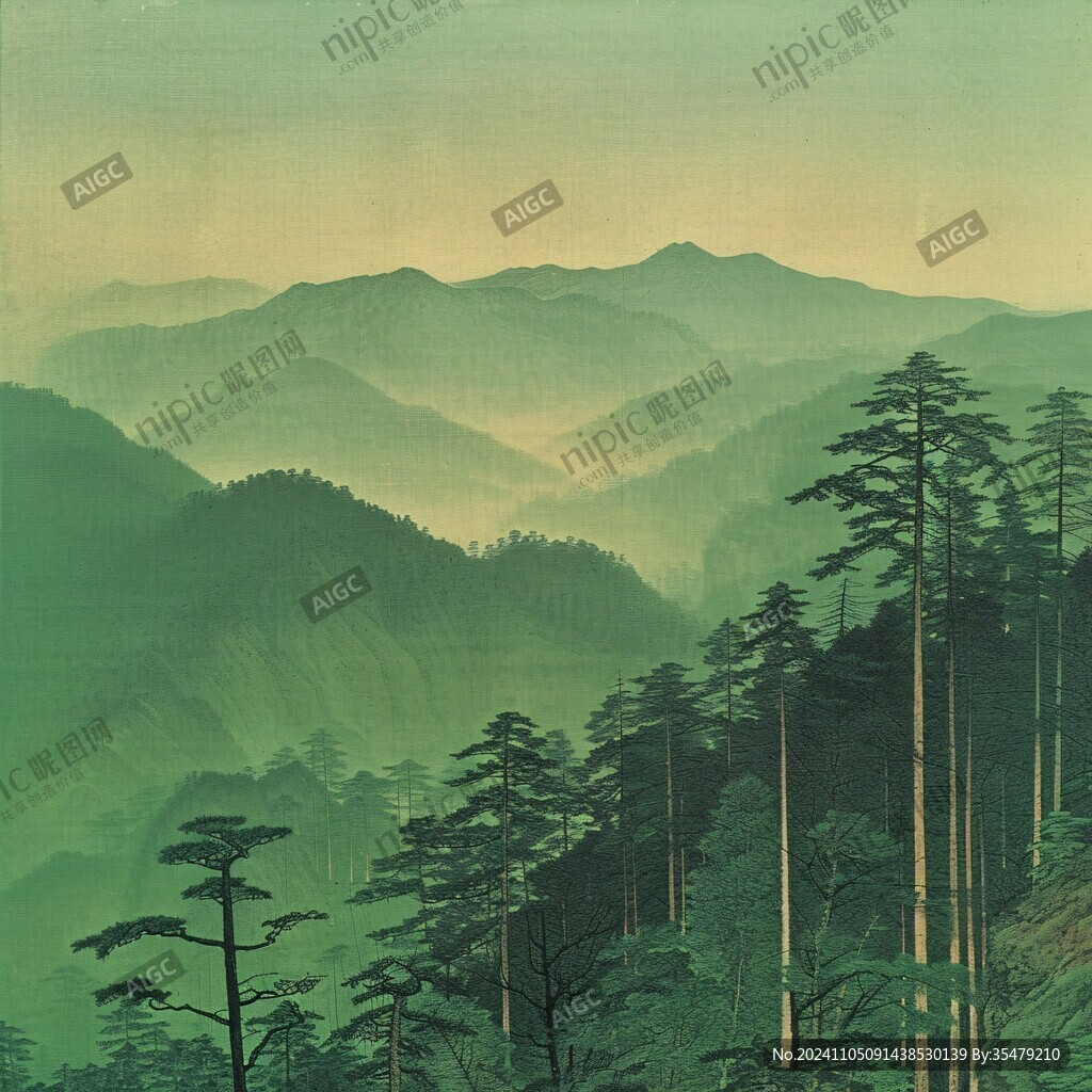 青松红日山峦竹子