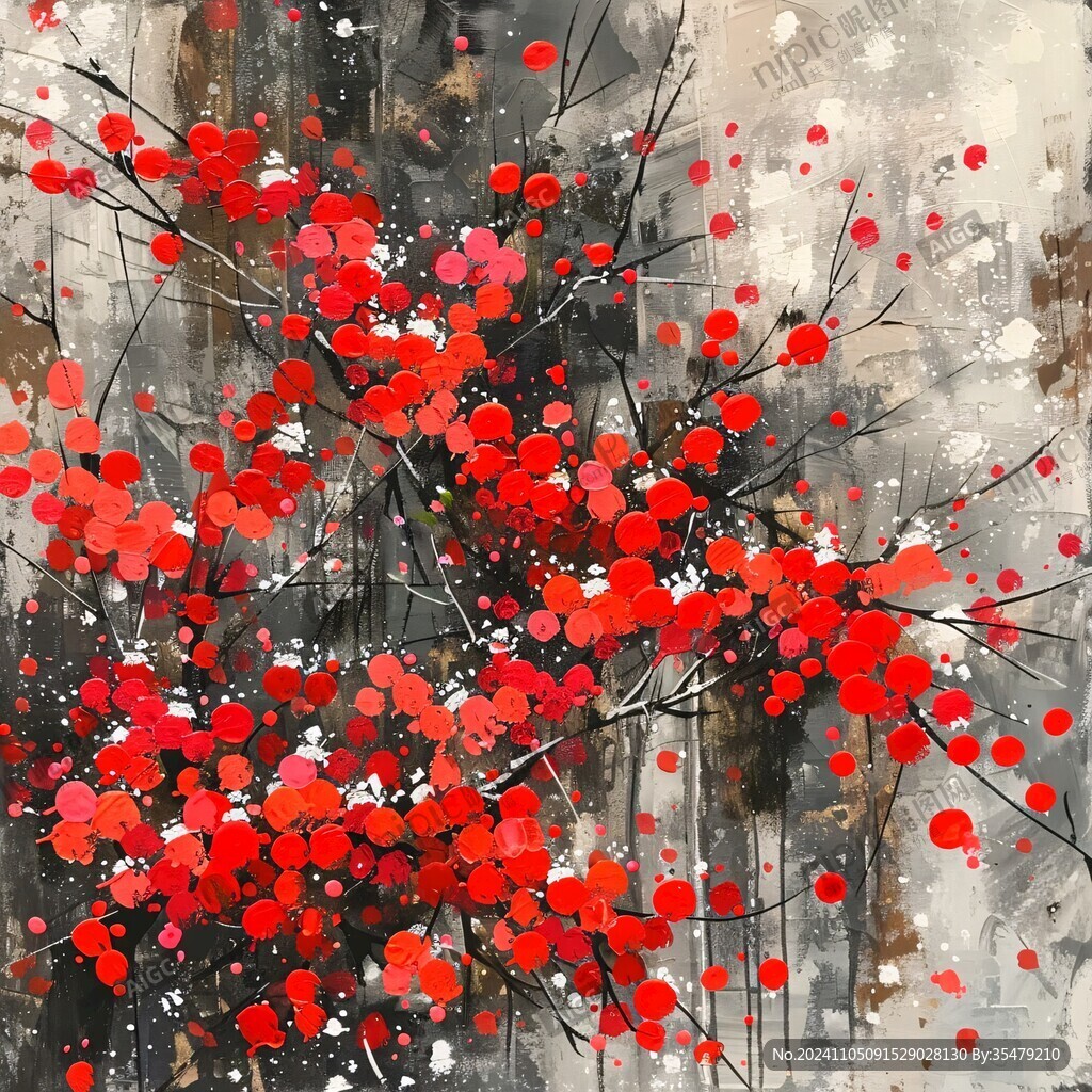 枝头红花抽象油画