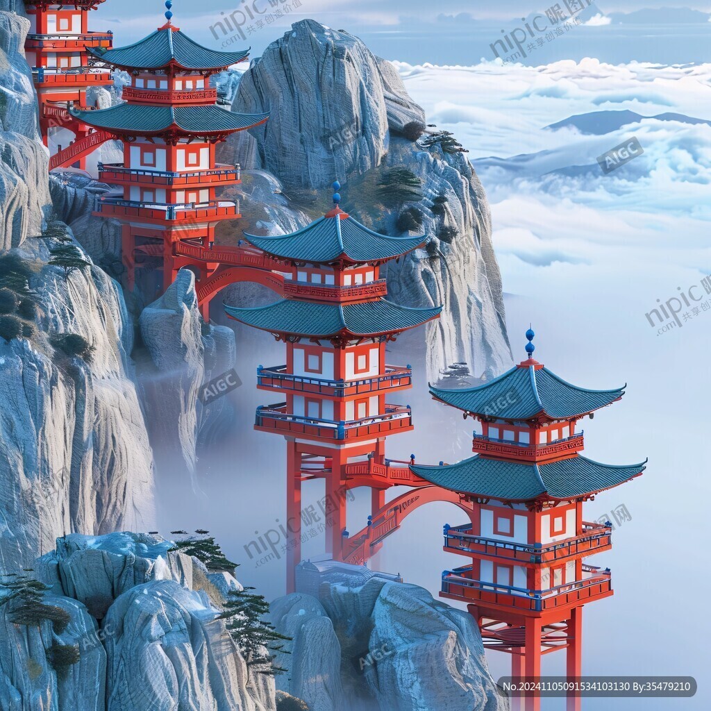 古风国潮楼阁仙境图