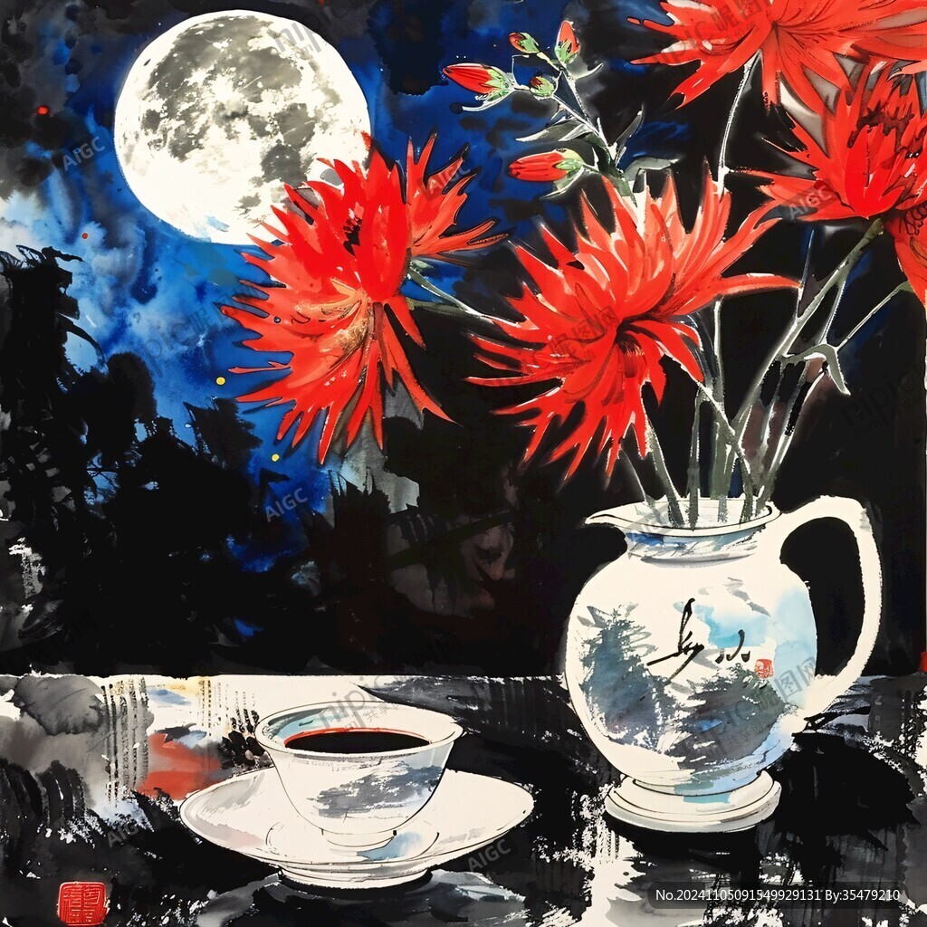 菊花与石榴国画