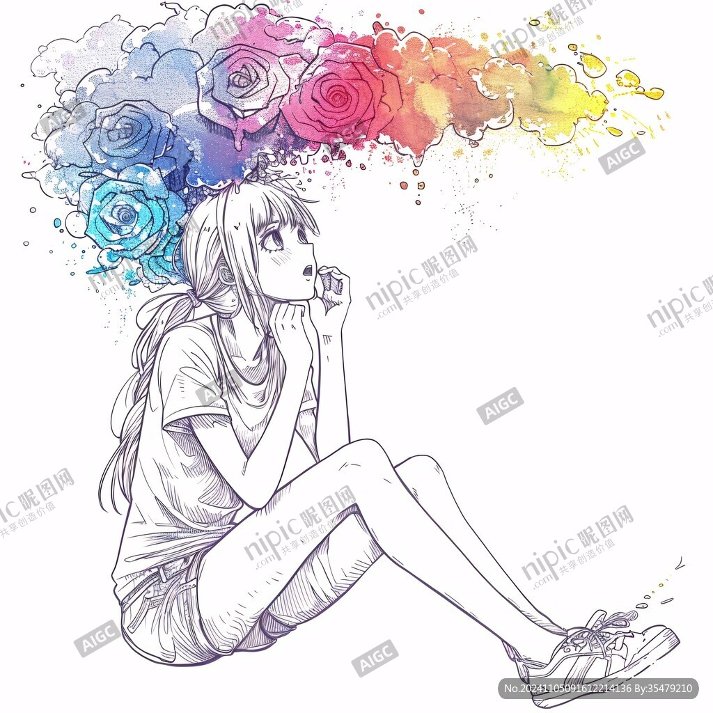 鲜花与少女线稿