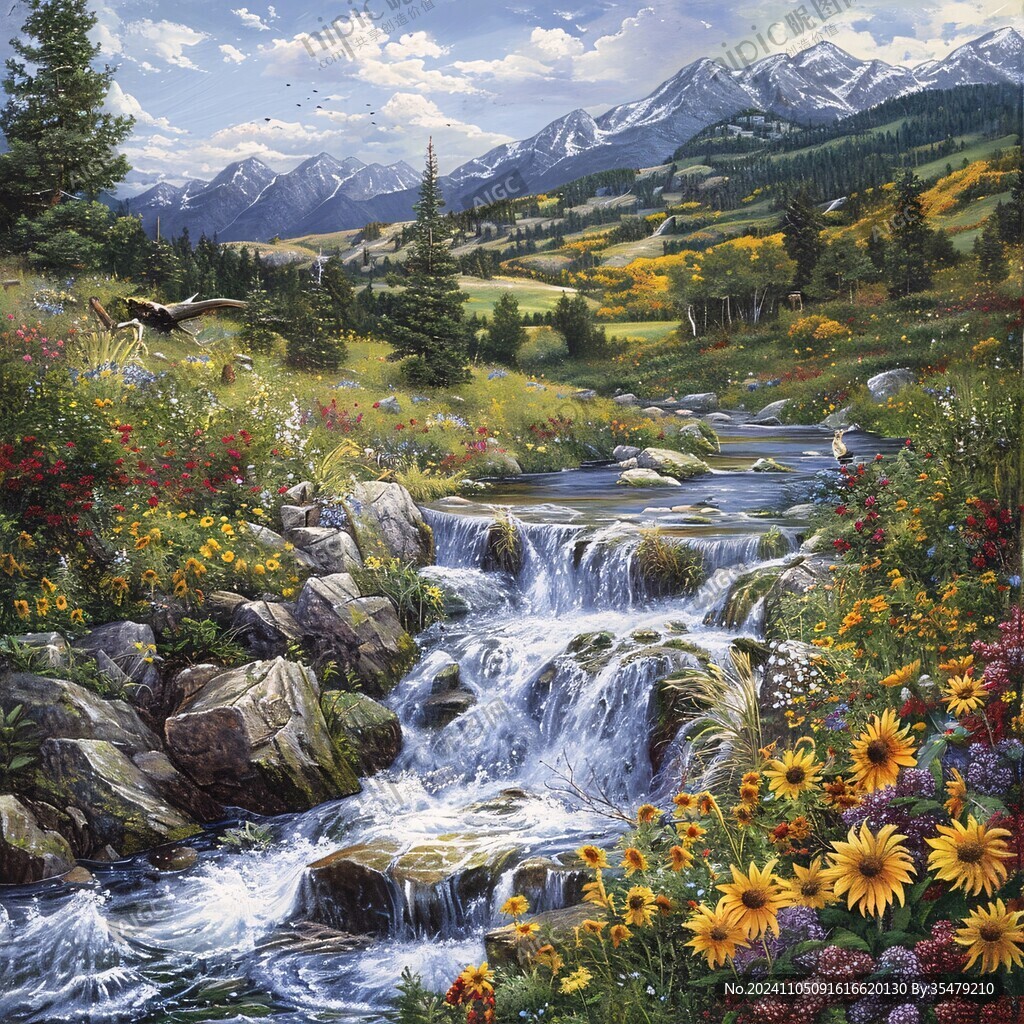 溪流风景油画