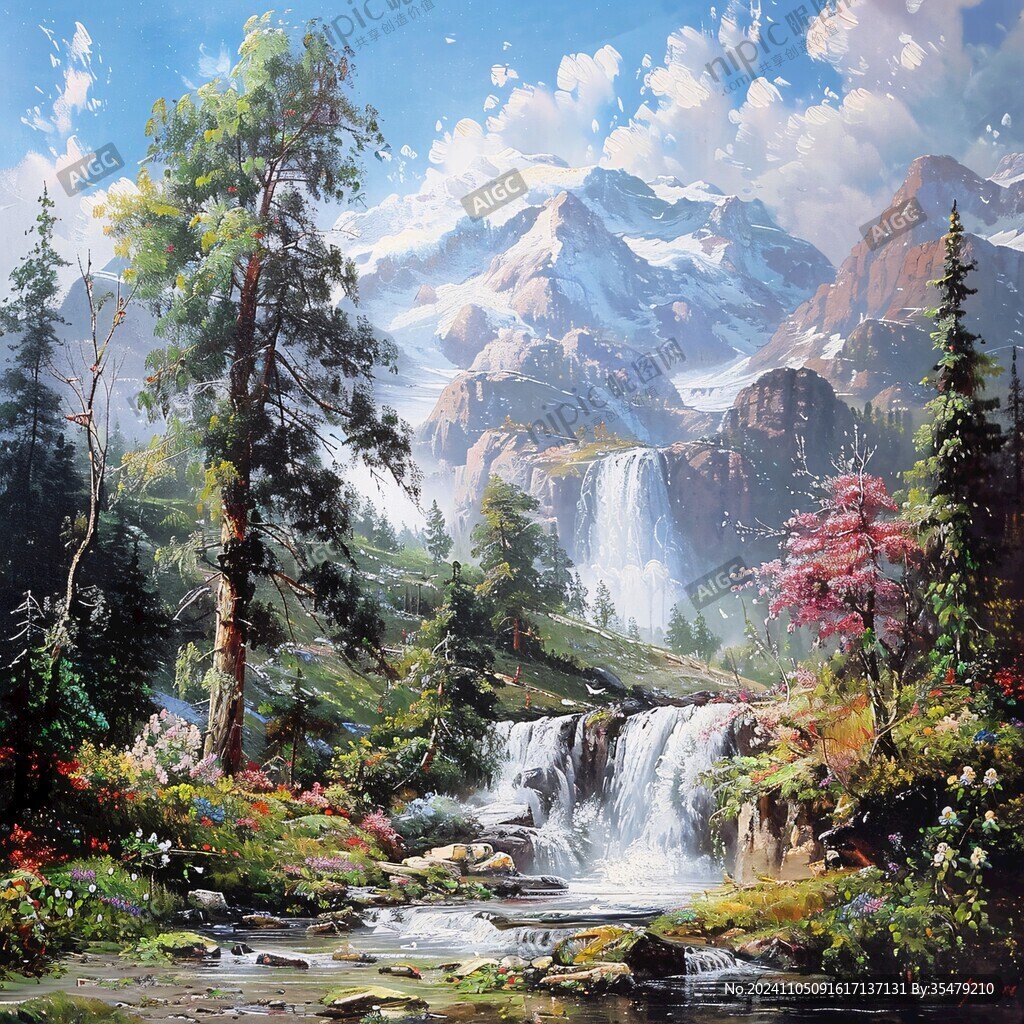 山水风景油画瀑布