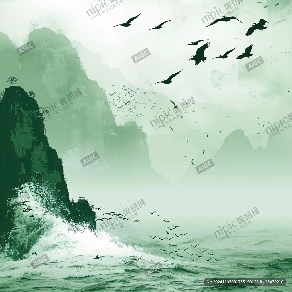 青绿山水仙鹤海景