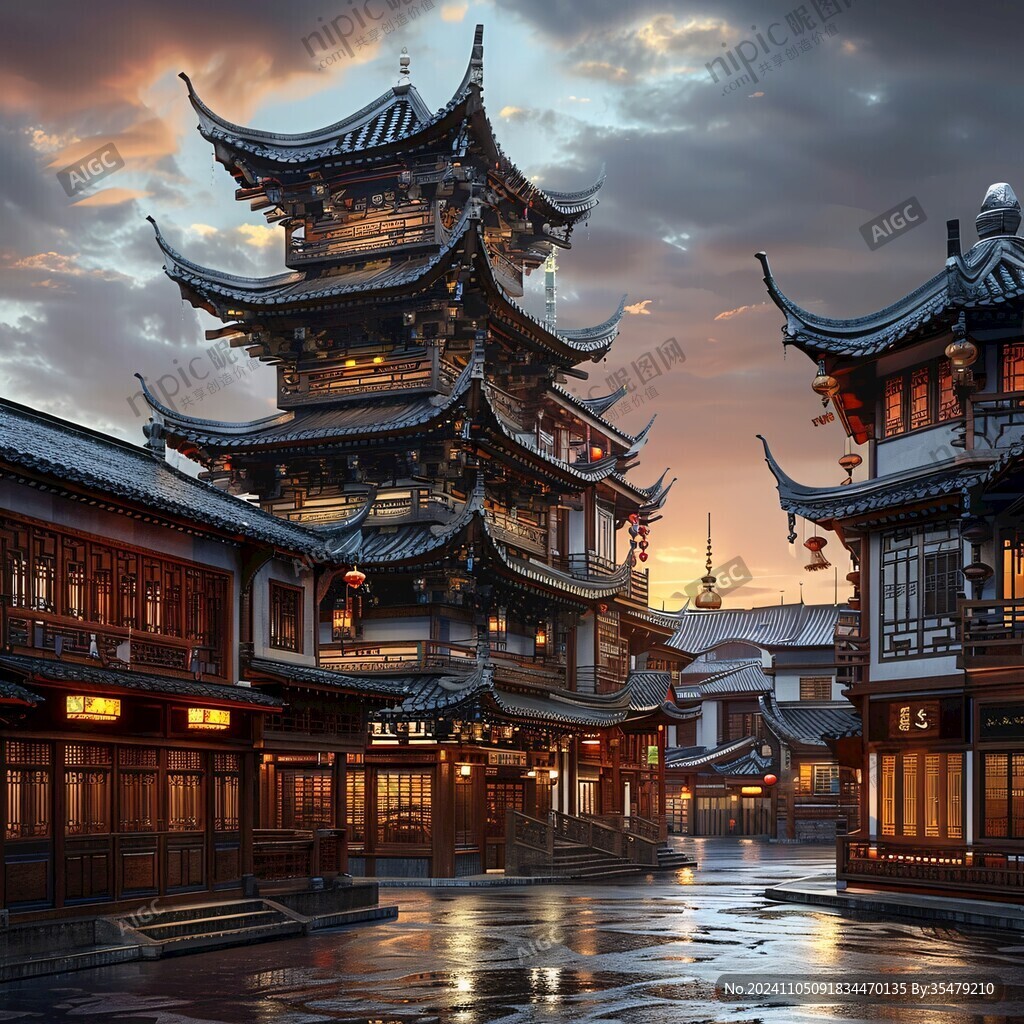 中式古镇黄昏