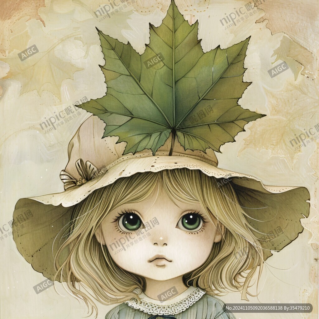 手绘戴草帽的小女孩
