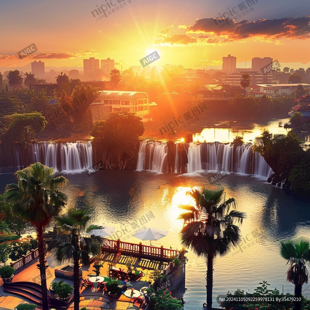 夕阳下的德天瀑布