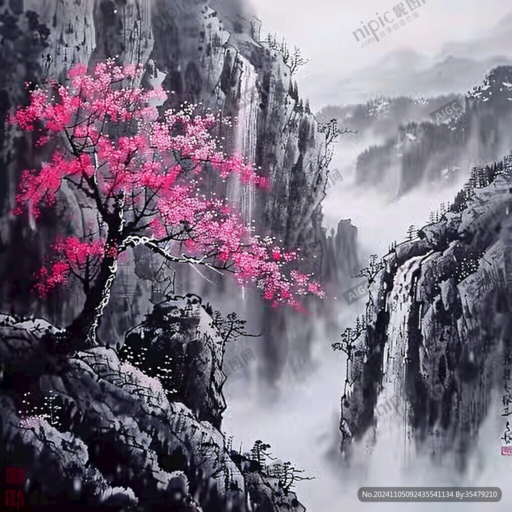 彩铅梅花国画山水