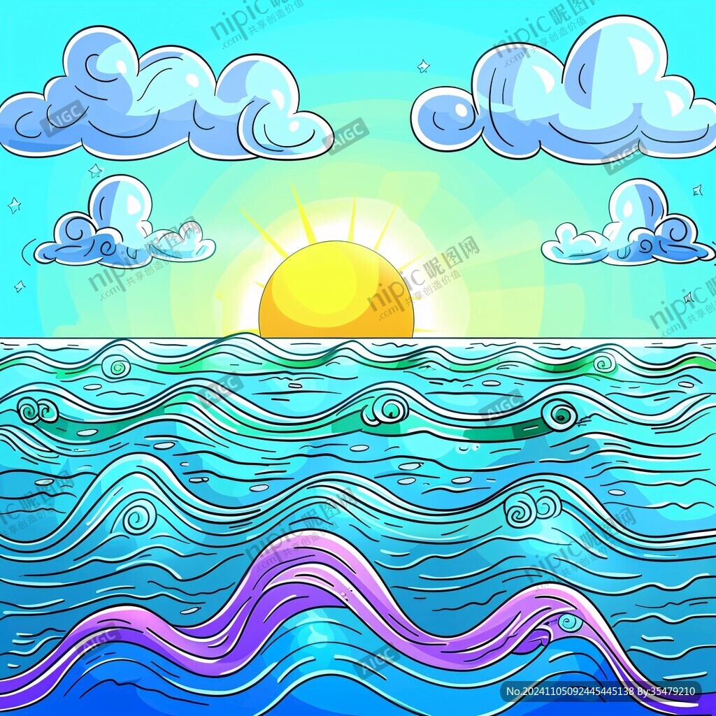 手绘海浪旭日东升