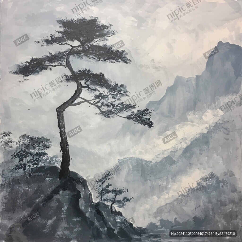 水彩迎客松