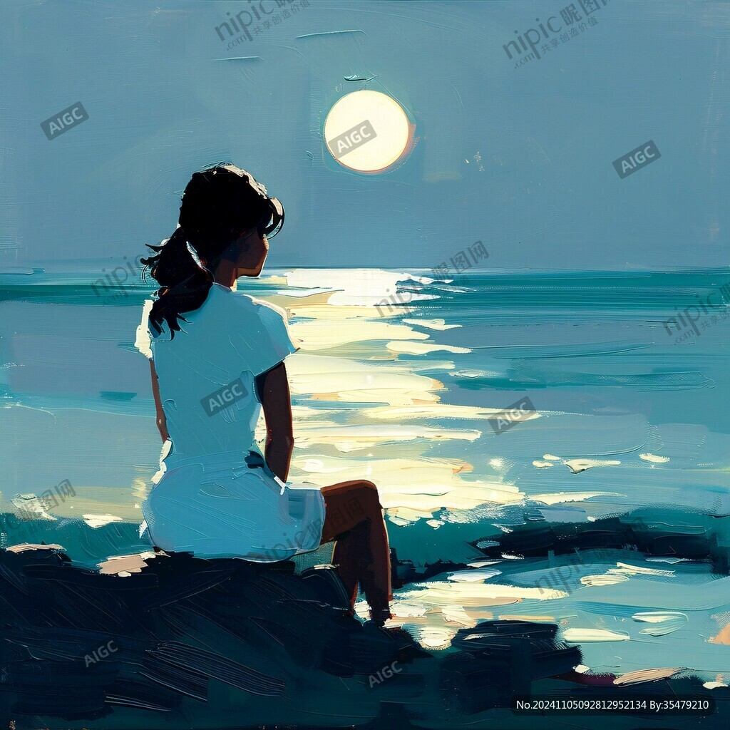女孩坐在海边手绘