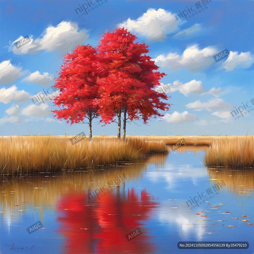 红枫树油画