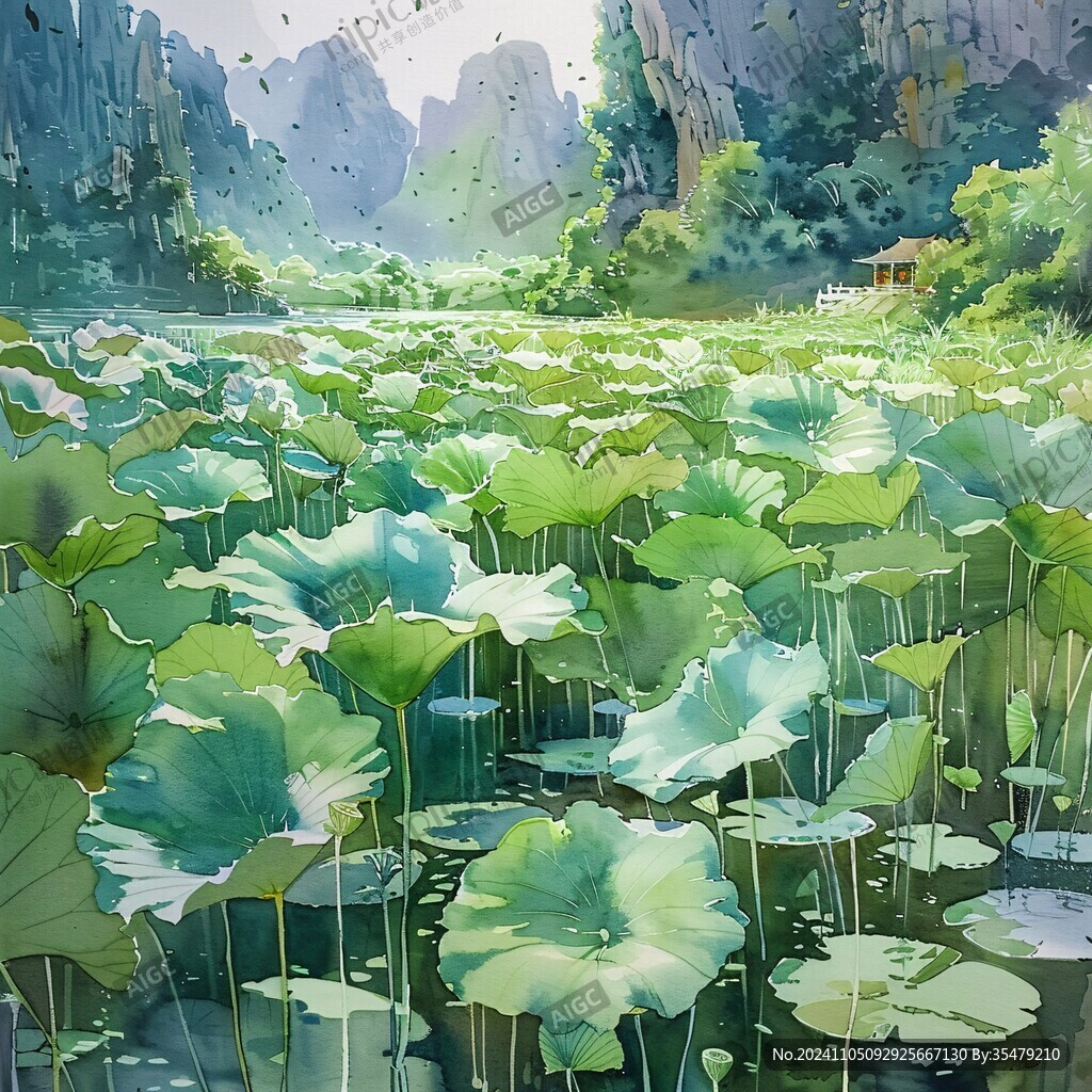 荷花池插画