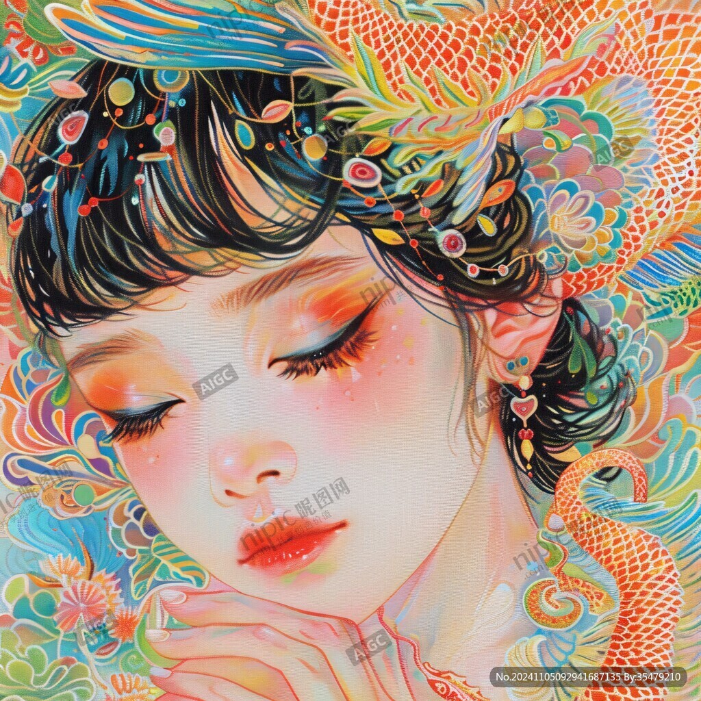 手绘国潮风格插画少女