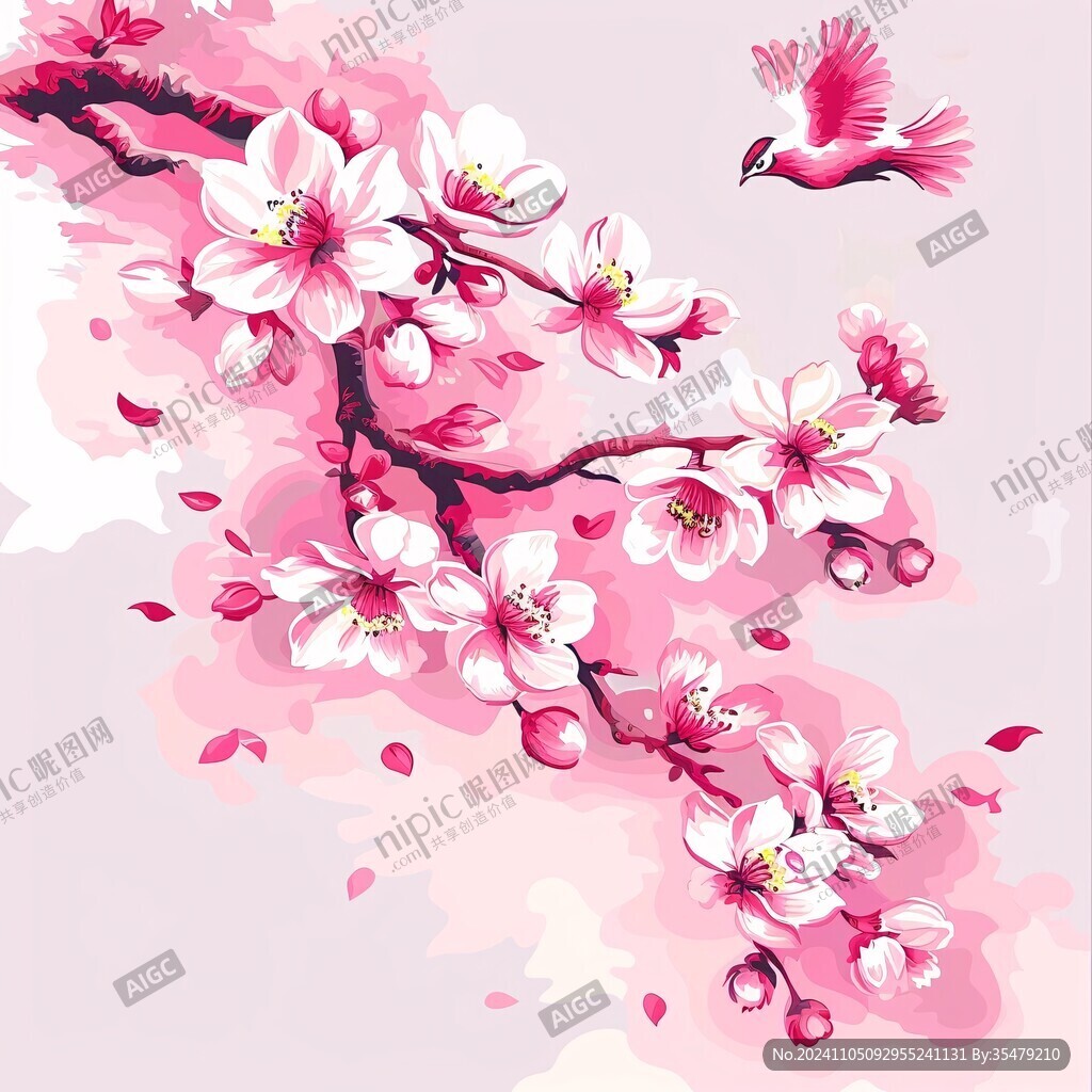 手绘桃花花鸟