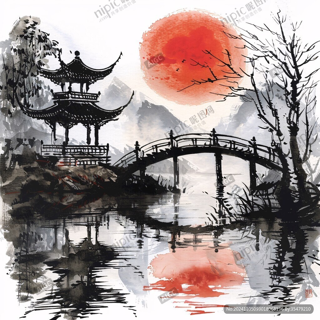 亭子水墨画