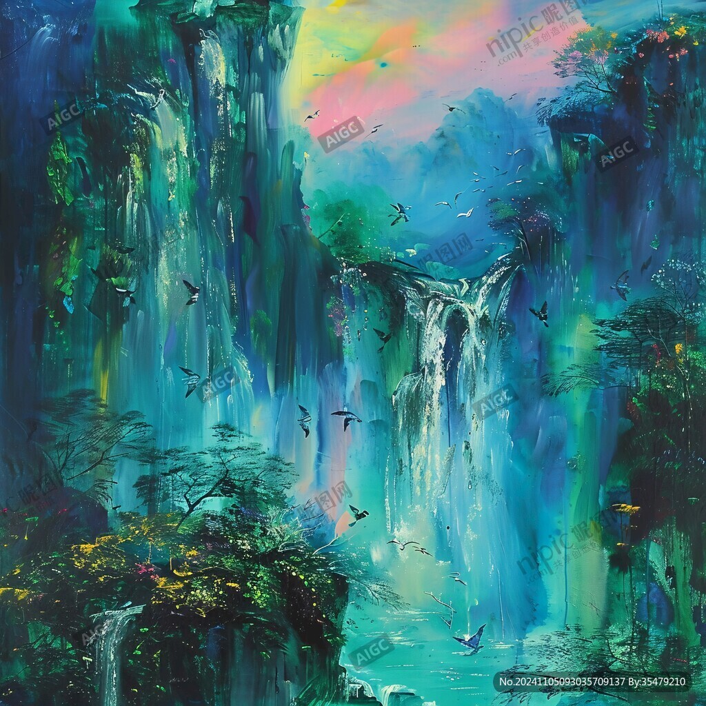 山水风景油画瀑布