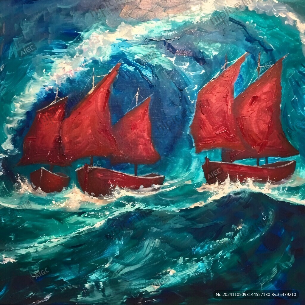 扬帆踏浪油画