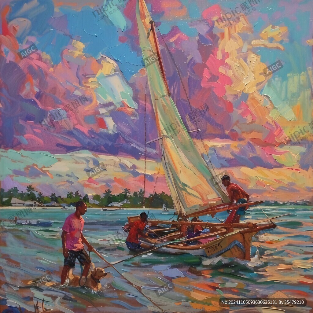 扬帆踏浪油画