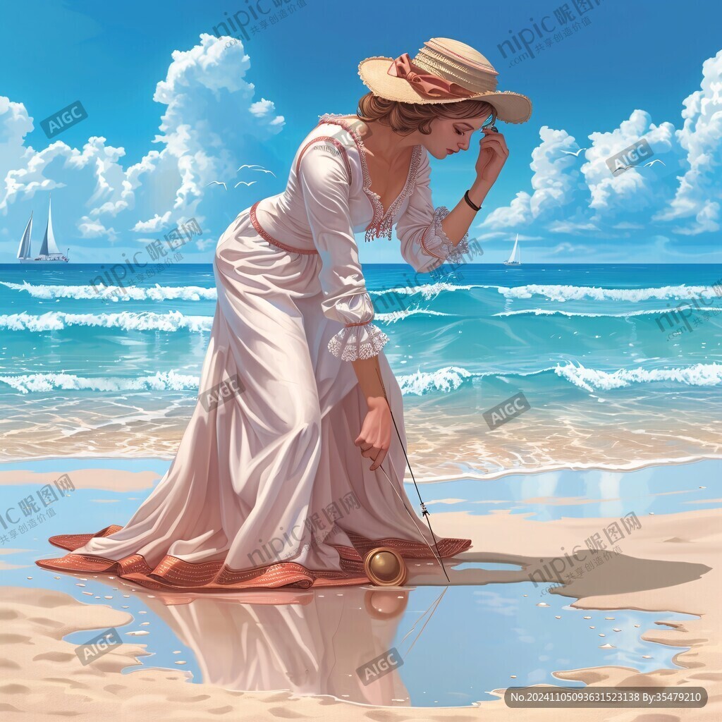 沙滩上的美女海边插画