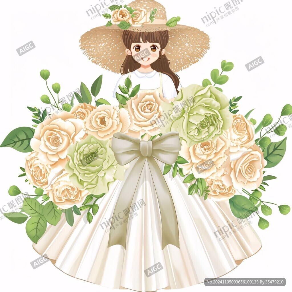 女孩捧花微笑插画