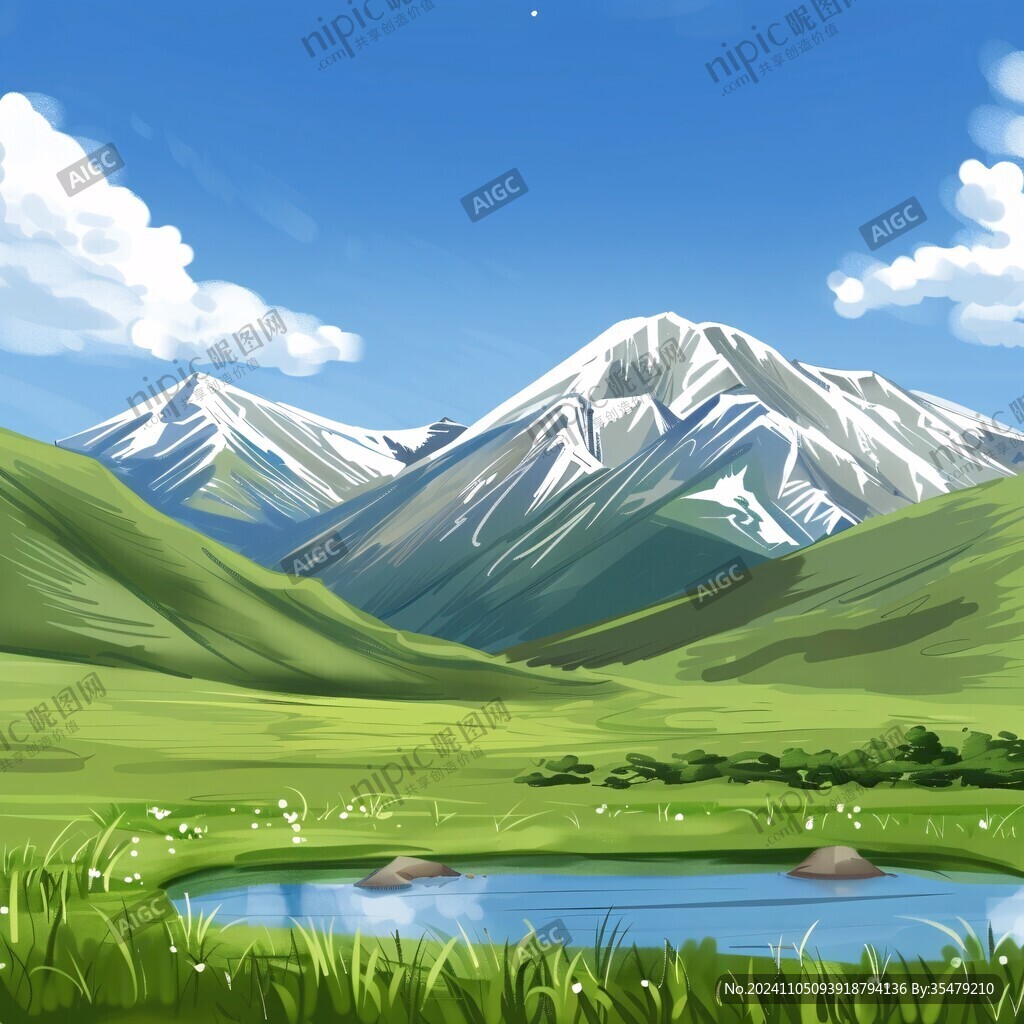 手绘草原草雪山