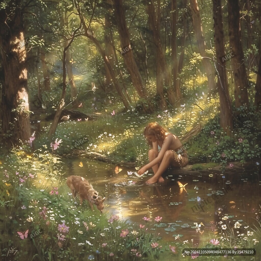 森林小溪油画
