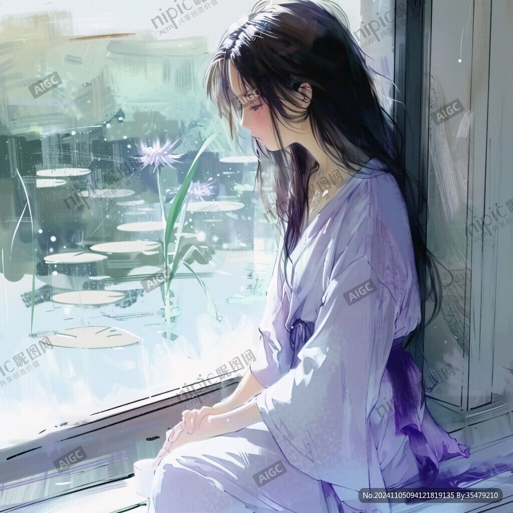 美人倚窗插画