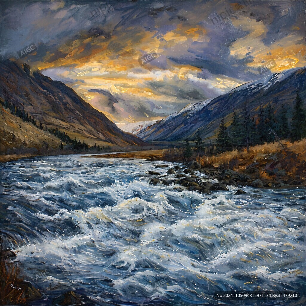 雪山河流油画