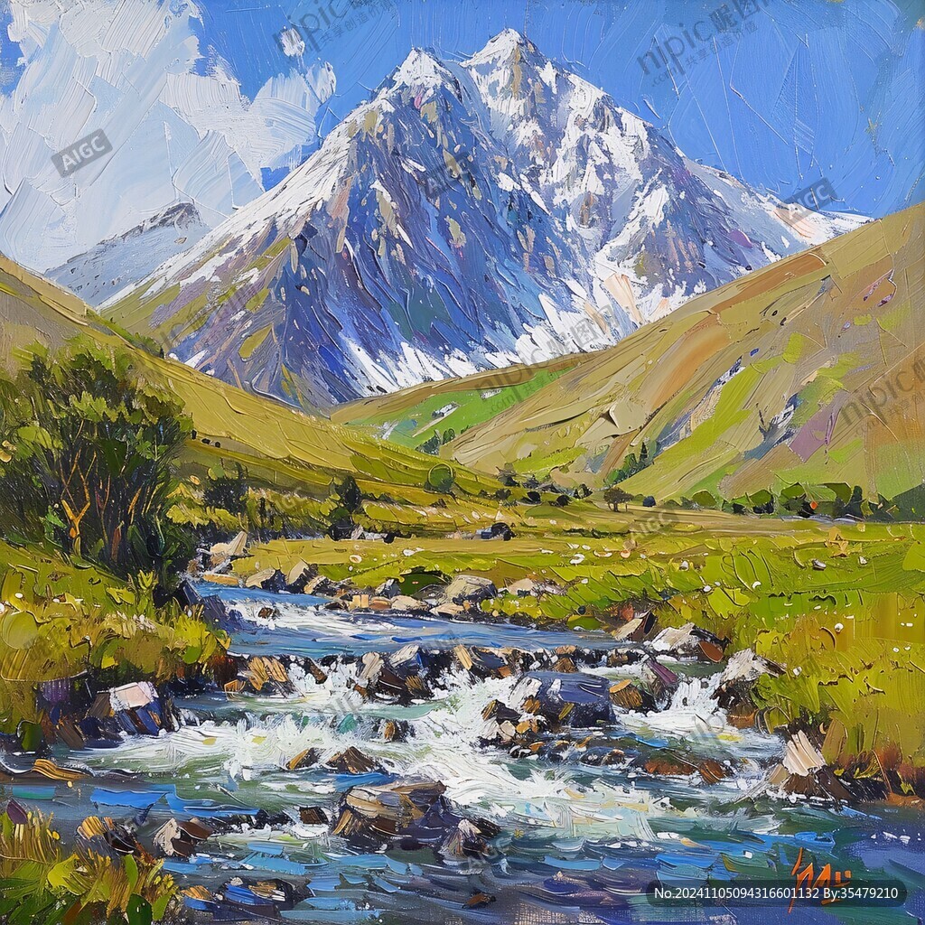 雪山河流油画