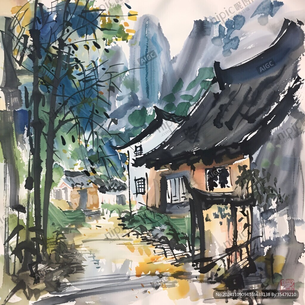 江南小镇水彩